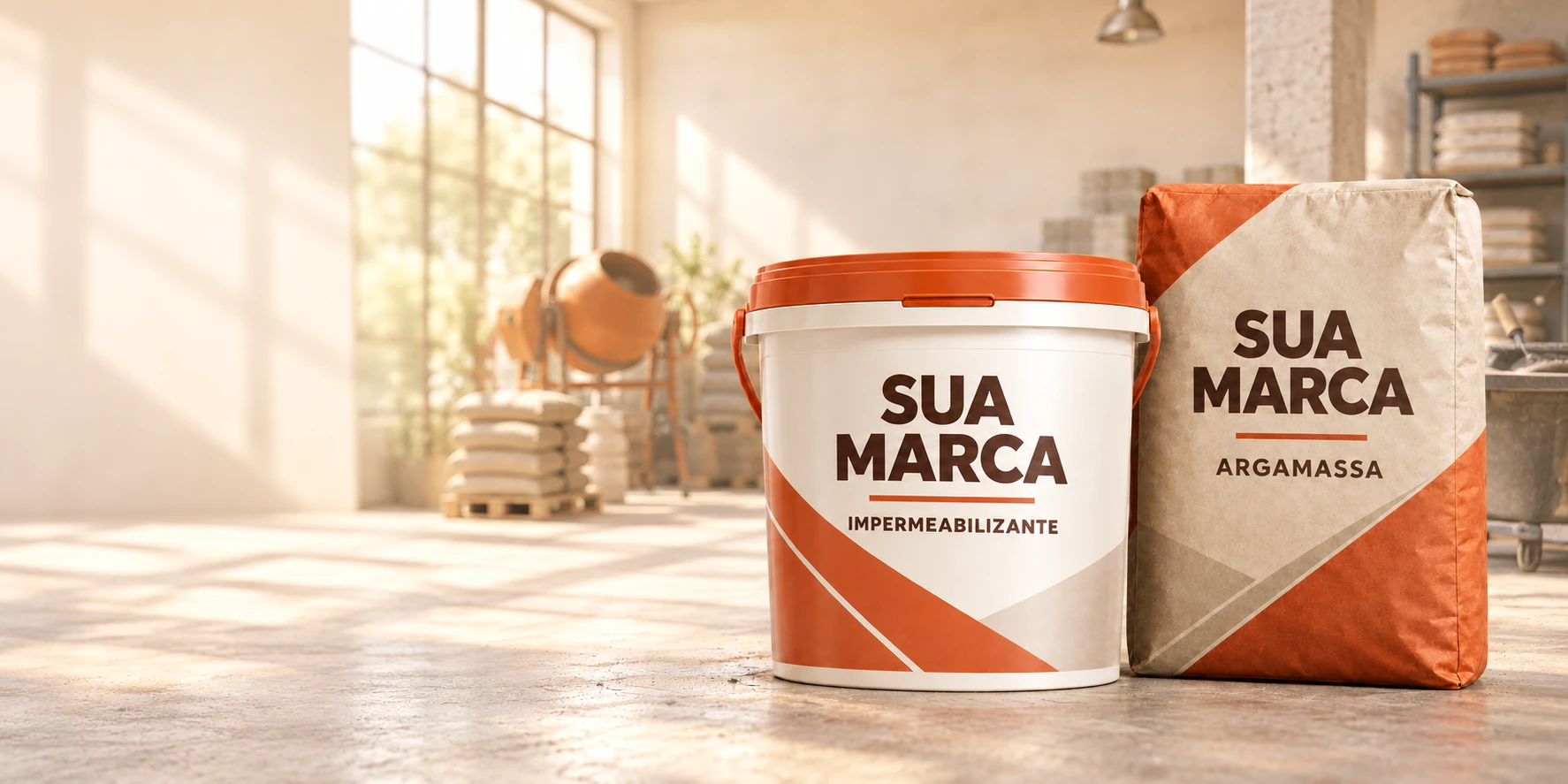 Conceito de balde de impermeabilizante e saco de argamassa com a identidade Sua marca